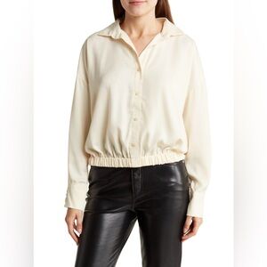 🛍️NWT Grey Collective Elastic Hem Button-Up Shirt/Large/Seed Pearl- Beig…